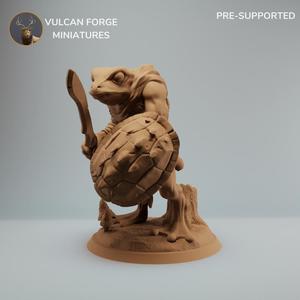 Bullywug frog people warrior with sword and turtle shield