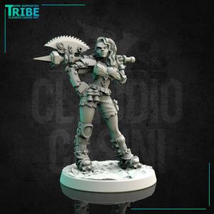(0144) Female sci-fi post-apocalyptic barbarian mad warrior with axe