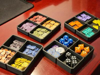 Interlocking dice/token trays for board games