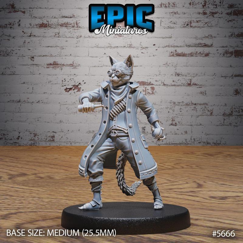 Catfolk Gunner Jasper Throwing / Cat Tribe Warrior / Feline Steampunk Fighter / Claw Beast / Humanoid War Machine / Mechanus Clockwork Encounter