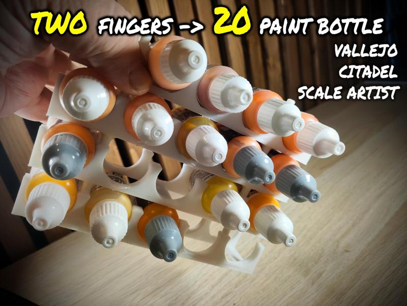 20 bottles with 2 Fingers PAINT RACK for Vallejo, Citadel , Scale Artist and other compatible Sizes!