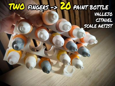 20 bottles with 2 Fingers PAINT RACK for Vallejo, Citadel , Scale Artist and other compatible Sizes!