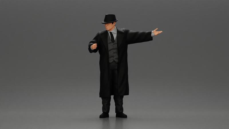 mafia man in gangster costume stands confidently while gesturing with his hands as if presenting something