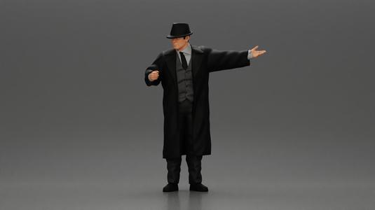 mafia man in gangster costume stands confidently while gesturing with his hands as if presenting something