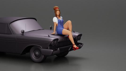 sexy girl in short denim overalls and heels is sitting on the car
