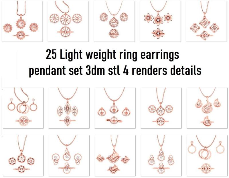 25 Light weight ring earrings pendant set 3dm stl 4 renders 3D Model Collection