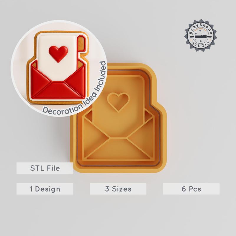 Heart Mail Shape Cutter & Stamp, Love Letter Cookie & Fondant Tool, 3 Sizes S/M/L, 6-Piece Set PRODUCT_39