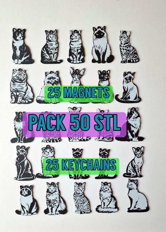 Pack 50 STL/3mf CATS kEYCHAINS+MAGNETS