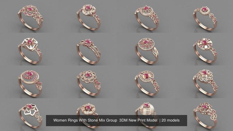 19 Files - Women Ring With Stone Mix Group  3DM STL Print Model  3D Model Collection