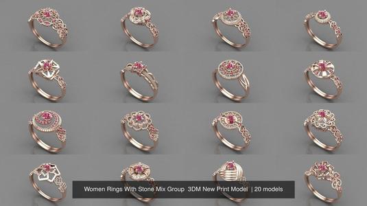 19 Files - Women Ring With Stone Mix Group  3DM STL Print Model  3D Model Collection