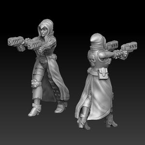 cyberpunk female gunslinger shooting