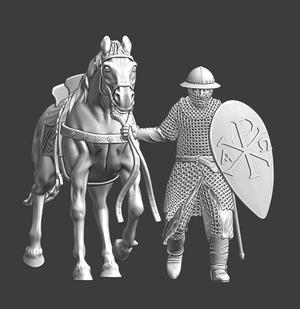 Medieval Byzantine soldier - walking with horse