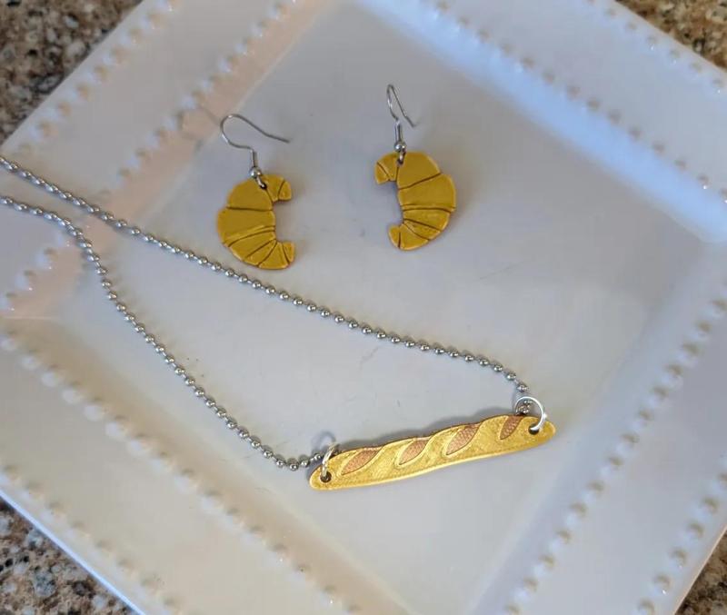 When in doubt, eat bread. - Easy 10 minute, filament swap Croissant earrings and baguette necklace