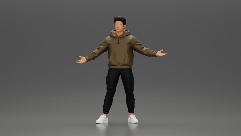 Asian Man Standing in Hoodie with Raised Hands