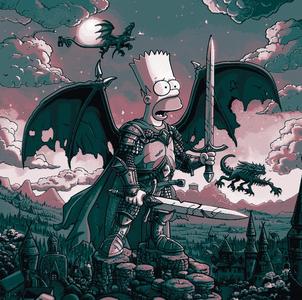 Fan Art of the Simpsons - Bart Simpson as an Aged Winged Knight in a fantasy Realm