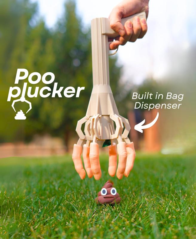 Poo Plucker - Mechanical hand for picking up dog poop - Built in bag dispenser