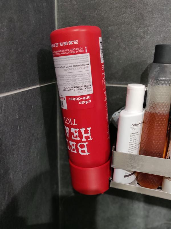Upside-down Tigi Bed Head shampoo holder