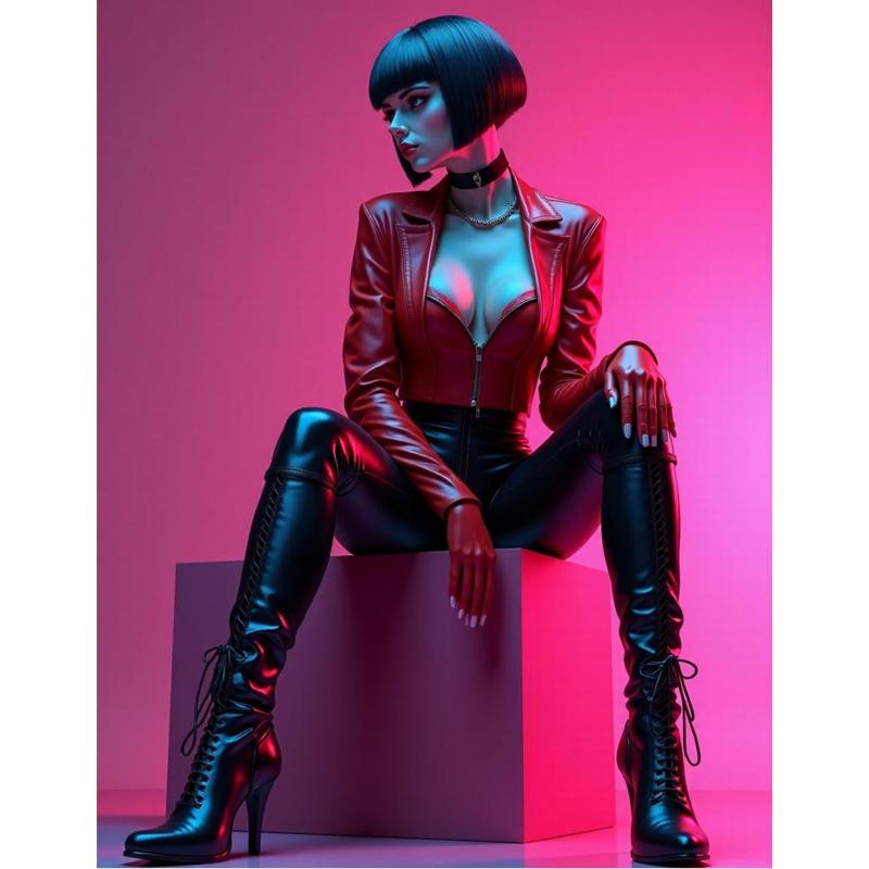 Waynett - Seated woman in leather on a cube (May 2025)