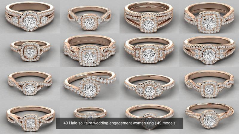 49 Halo solitaire wedding engagement women ring 3D Model Collection