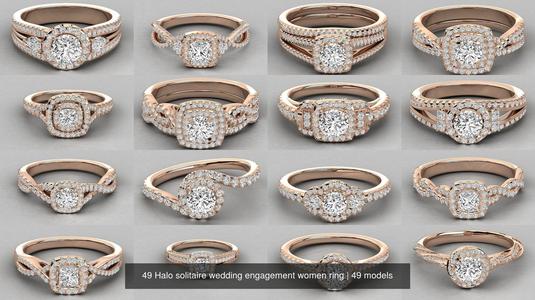 49 Halo solitaire wedding engagement women ring 3D Model Collection