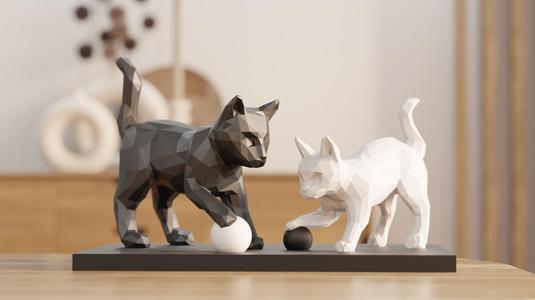 Low Poly Kittens at Play – Charming Cat Sculpture