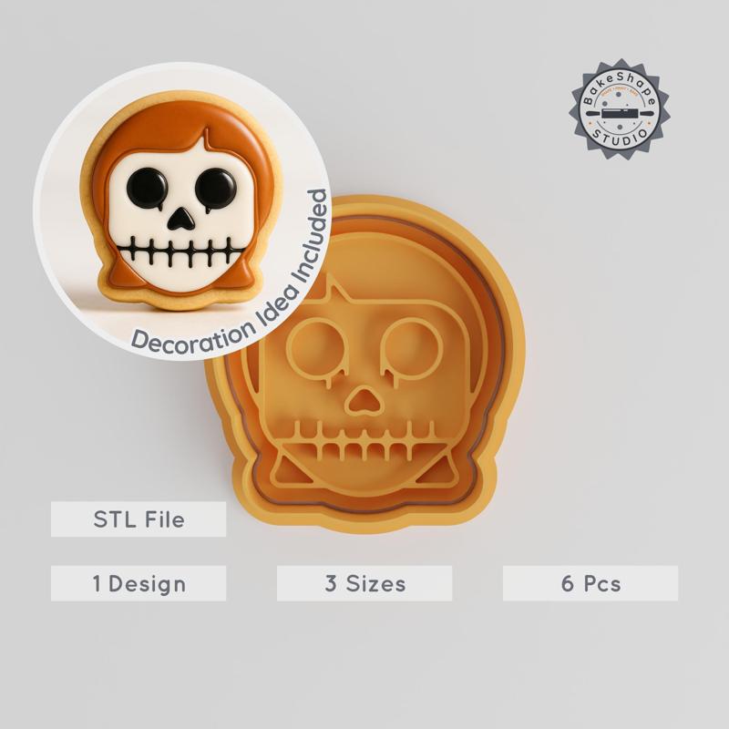 Skull Girl Cutter & Stamp Set, Halloween Cookie & Fondant Decoration, 3 Sizes, Spooky & Horror Design PRODUCT_958