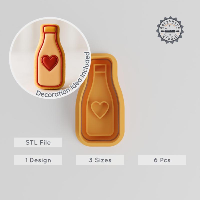 Bottle Shape Cutter & Stamp, Cookie & Fondant Tool, 6-Piece Set, Heart & Celebration Designs, Small to Large Sizes PRODUCT_195