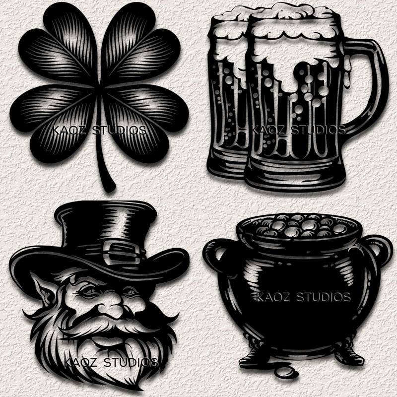 4 Pack of St. Patricks Day Wall Decor Good Luck Charms Clover, Mugs, Leprechan, Gold