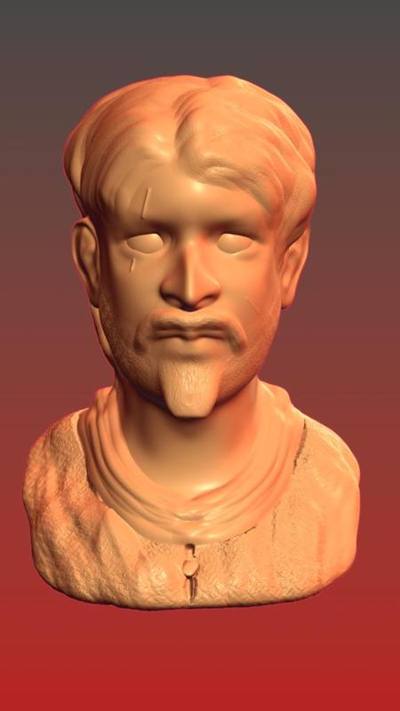 Bust of battleworn man