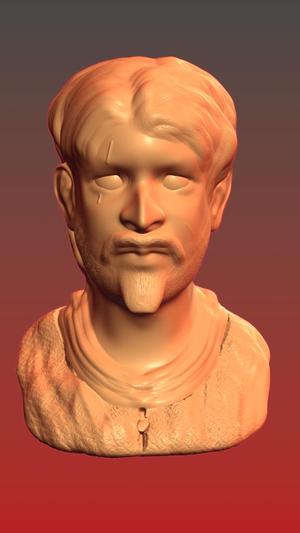 Bust of battleworn man