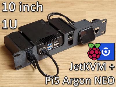 10-inch 1U Rackmount Enclosure: JetKVM + Raspberry Pi 5 Argon NEO + PoE