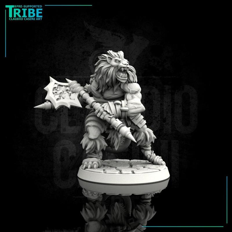 (0092) Male felinid lionfolk barbarian with two axes