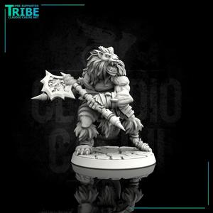(0092) Male felinid lionfolk barbarian with two axes