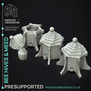 Bee Hives & Mead Jug - Enviromental scenery -  PRESUPPORTED - Illustrated and Stats - 32mm scale