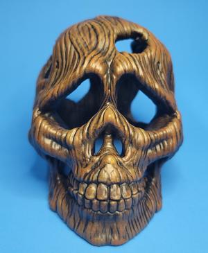 Wooden skull mushroom planter