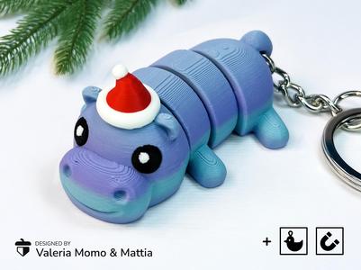 Adorable Articulated Christmas Hippo (Toy, Keychain & Magnet)