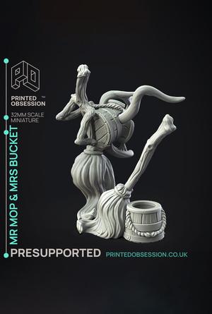 Mr Mop & Mrs Bucket - Dungeon Cleaning Inc - PRESUPPORTED - Illustrated and Stats - 32mm scale			