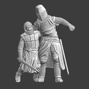 Medieval knight helping wounded crusader brother