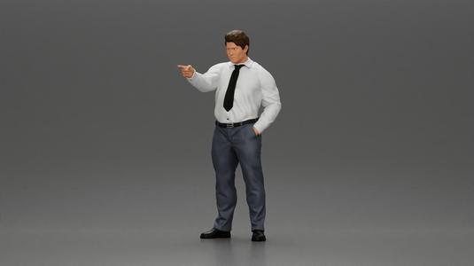 Serious businessman in a white shirt tie, and pants pointing with authority, hand in pocket