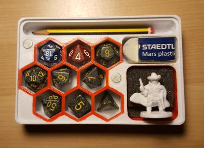 Custom x9 dice, pencil, rubber, figure holder
