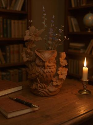Wisdom in Bloom – Floral Owl Vase in Ivory PLA