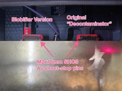Decontaminator-style Brush Holder with Sheet Stops for Blobifier