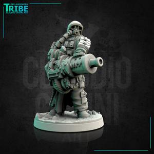 (0138) Male post-apocalyptic sci-fi soldier with antigas mask and heavy cannon, gatling
