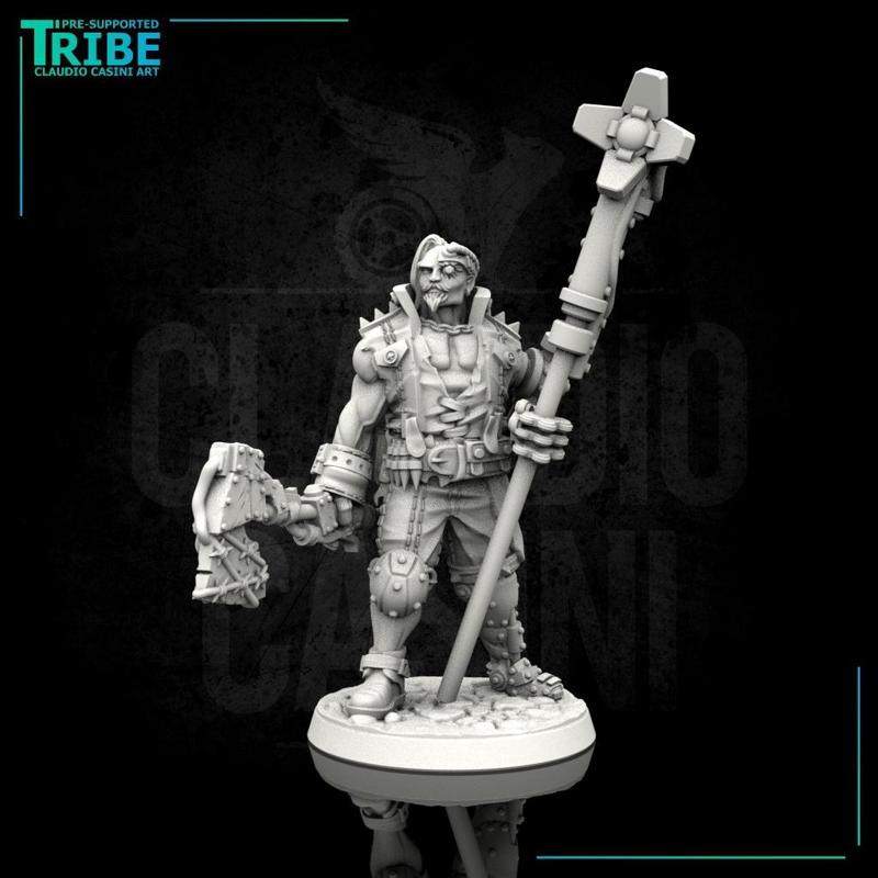 (0109) Male big guy post apocalyptic sci-fi warrior with a banner, axe and bionic arm