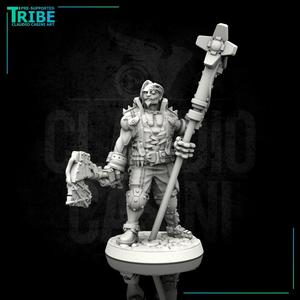 (0109) Male big guy post apocalyptic sci-fi warrior with a banner, axe and bionic arm