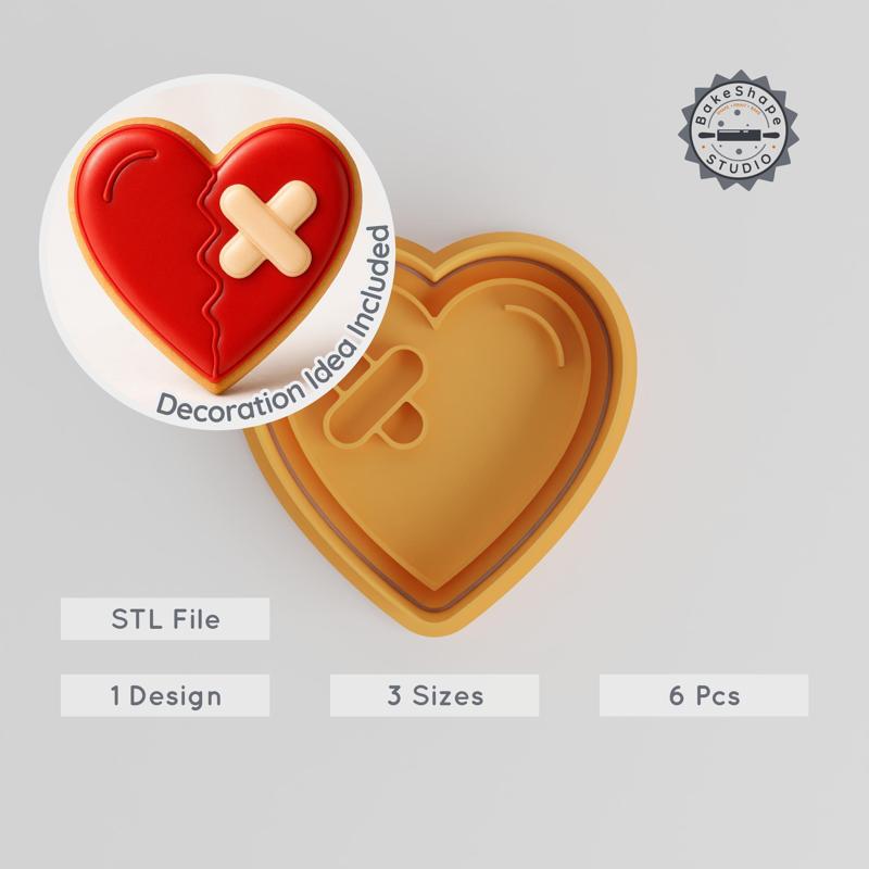 Broken Heart Shape Cutter & Stamp Set, Cookie & Fondant Mold, Heartbreak Designs, 6 Pieces, S/M/L Sizes PRODUCT_198