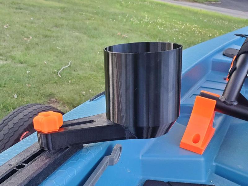 Kayak cup holder with extended arm for T-track