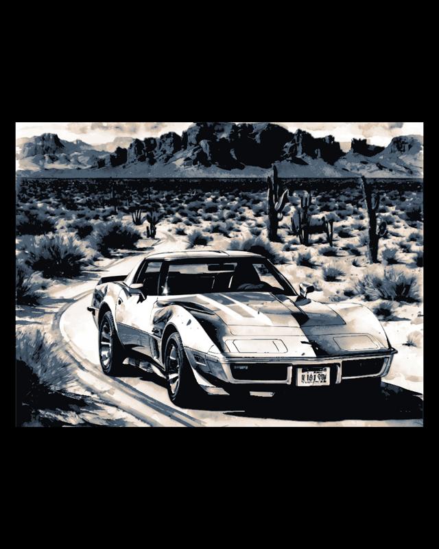 Sleek Chevy Corvette blazing through the desert Sun