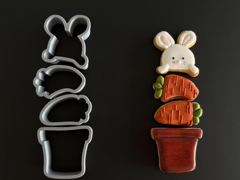 Easter-themed cookie cutters: Rabbit, carrots, and pot