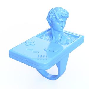 Royalty-Free Vaporwave Ring STL File – 3D Printable Aesthetic Jewelry Design with David Statue & Videogame – Retro Digital Art Printable